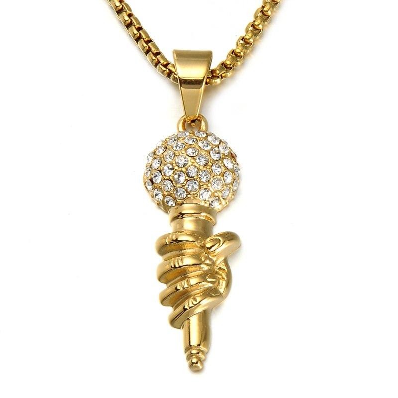 Cubic-Zirconia-Studded Gold-Plated Titanium Microphone Bling Chain Hip-hop Pendant Necklace-Necklaces-Innovato Design-Innovato Design