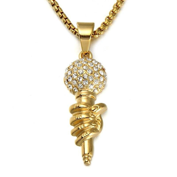 Cubic-Zirconia-Studded Gold-Plated Titanium Microphone Bling Chain Hip-hop Pendant Necklace