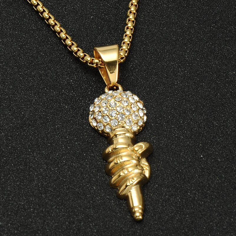 Cubic-Zirconia-Studded Gold-Plated Titanium Microphone Bling Chain Hip-hop Pendant Necklace-Necklaces-Innovato Design-Innovato Design