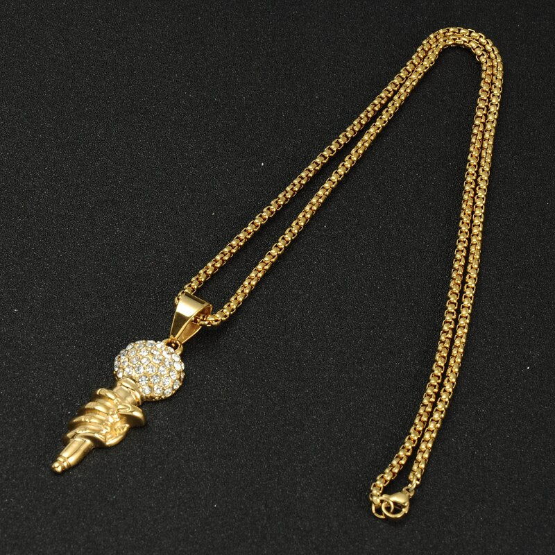 Cubic-Zirconia-Studded Gold-Plated Titanium Microphone Bling Chain Hip-hop Pendant Necklace-Necklaces-Innovato Design-Innovato Design