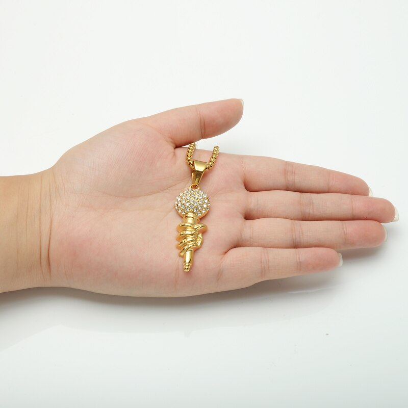 Cubic-Zirconia-Studded Gold-Plated Titanium Microphone Bling Chain Hip-hop Pendant Necklace-Necklaces-Innovato Design-Innovato Design