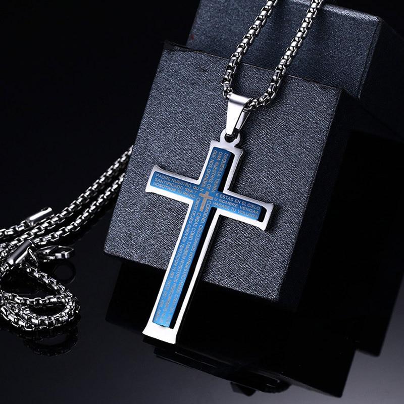 Lord's Prayer Stainless Steel Blue Plated Cross Pendant Necklace-Necklaces-Innovato Design-20inch-Innovato Design