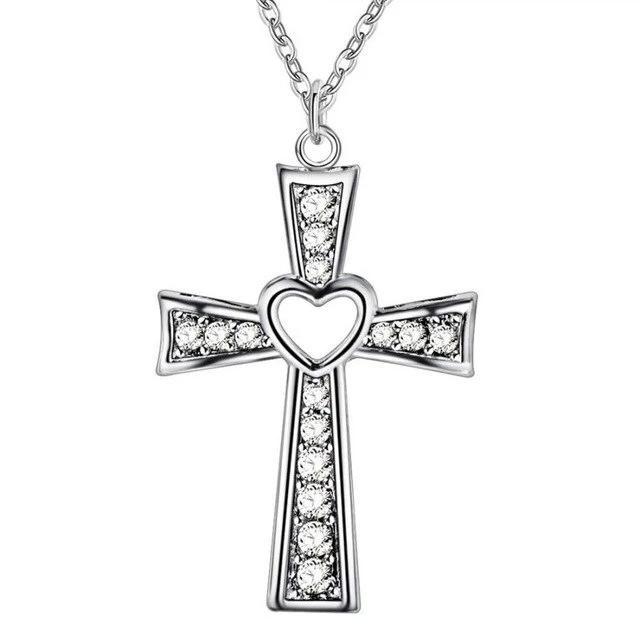 Bejeweled Hollow Heart Cross Pendant and Chain Necklace-Necklaces-Innovato Design-Innovato Design