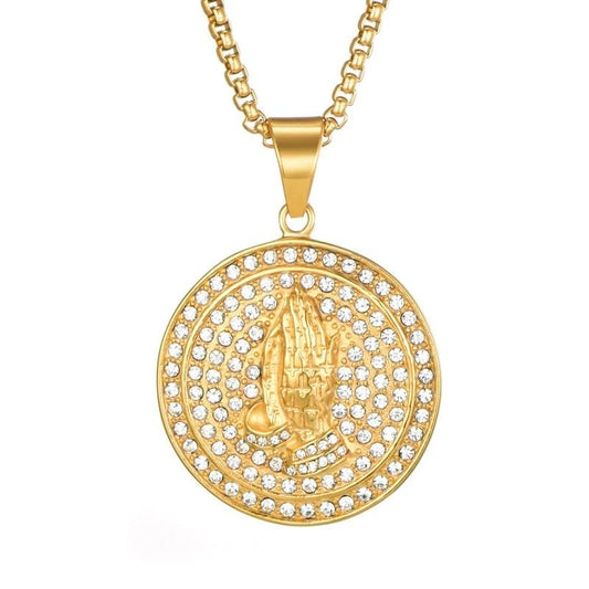 Rhinestone-Studded Praying Hands Bead Chain Gold-Plated 316L Stainless Steel Hip-hop Pendant Necklace-Necklaces-Innovato Design-Innovato Design