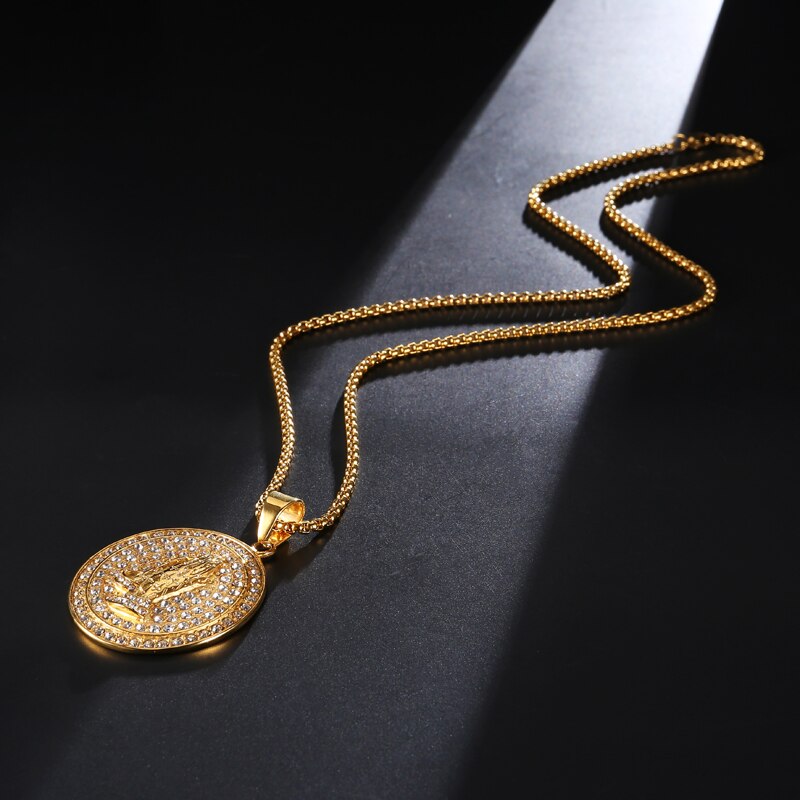 Rhinestone-Studded Praying Hands Bead Chain Gold-Plated 316L Stainless Steel Hip-hop Pendant Necklace-Necklaces-Innovato Design-Innovato Design