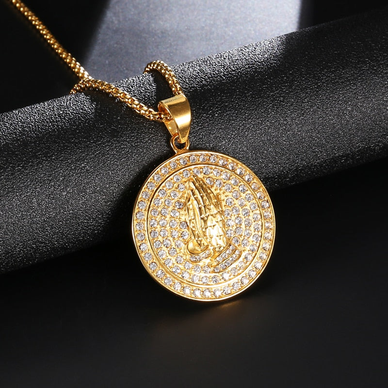 Rhinestone-Studded Praying Hands Bead Chain Gold-Plated 316L Stainless Steel Hip-hop Pendant Necklace-Necklaces-Innovato Design-Innovato Design