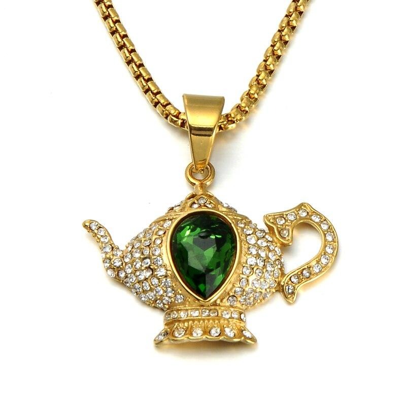 Gemstone-Studded Gold-Plated Aladdin Lamp Bling Stainless Steel Chain Link Hip-hop Pendant Necklace-Necklaces-Innovato Design-Innovato Design
