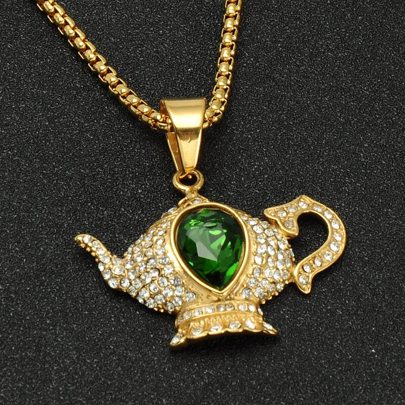 Gemstone-Studded Gold-Plated Aladdin Lamp Bling Stainless Steel Chain Link Hip-hop Pendant Necklace-Necklaces-Innovato Design-Innovato Design