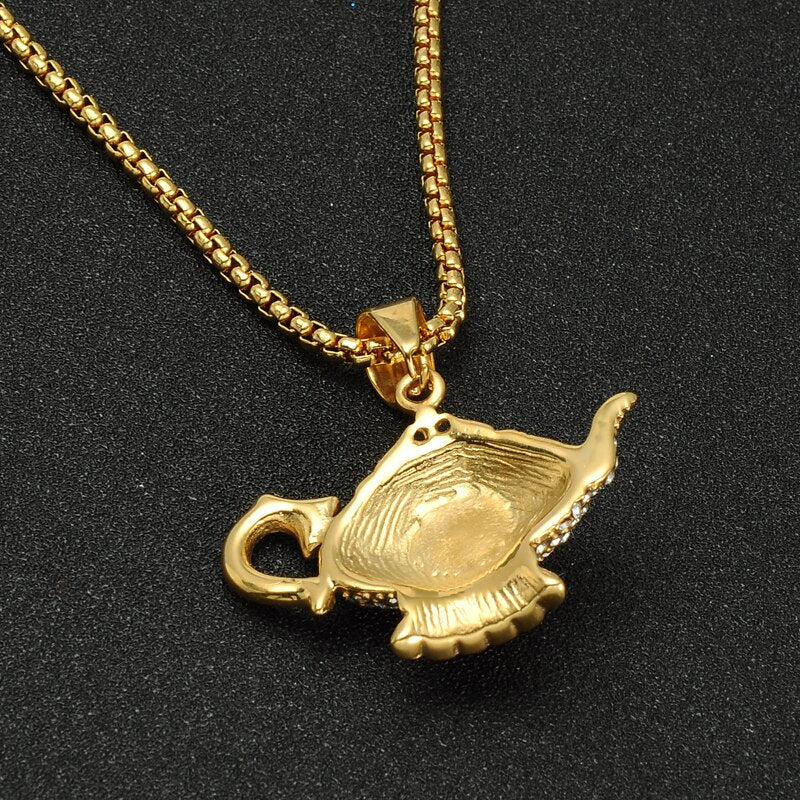 Gemstone-Studded Gold-Plated Aladdin Lamp Bling Stainless Steel Chain Link Hip-hop Pendant Necklace-Necklaces-Innovato Design-Innovato Design
