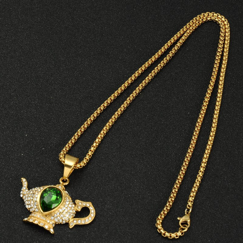 Gemstone-Studded Gold-Plated Aladdin Lamp Bling Stainless Steel Chain Link Hip-hop Pendant Necklace-Necklaces-Innovato Design-Innovato Design