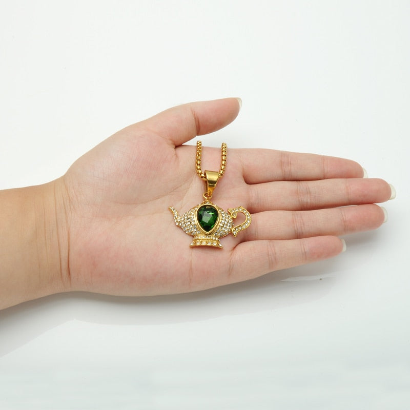 Gemstone-Studded Gold-Plated Aladdin Lamp Bling Stainless Steel Chain Link Hip-hop Pendant Necklace-Necklaces-Innovato Design-Innovato Design