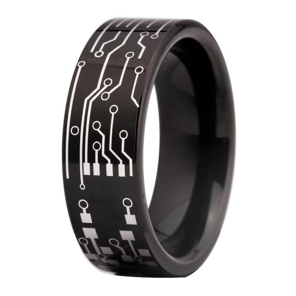 8mm Classic Circuit Board Design Black-Plated Tungsten Fashion Wedding Ring