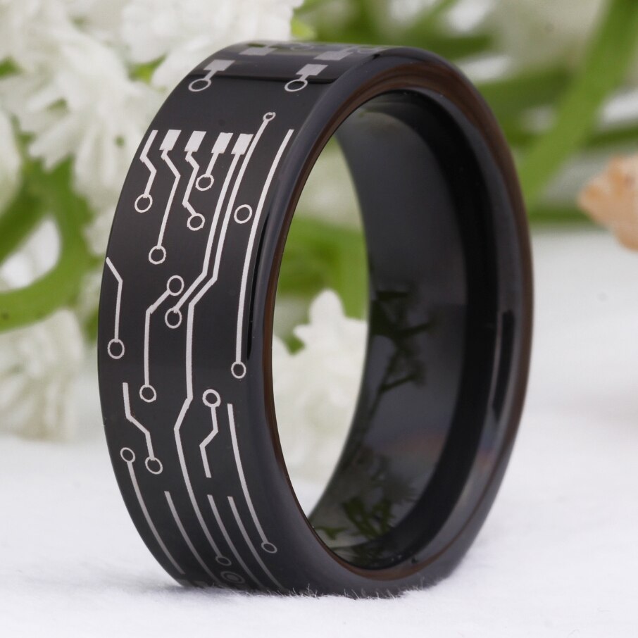 8mm Classic Circuit Board Design Black-Plated Tungsten Fashion Wedding Ring-Rings-Innovato Design-5-Innovato Design