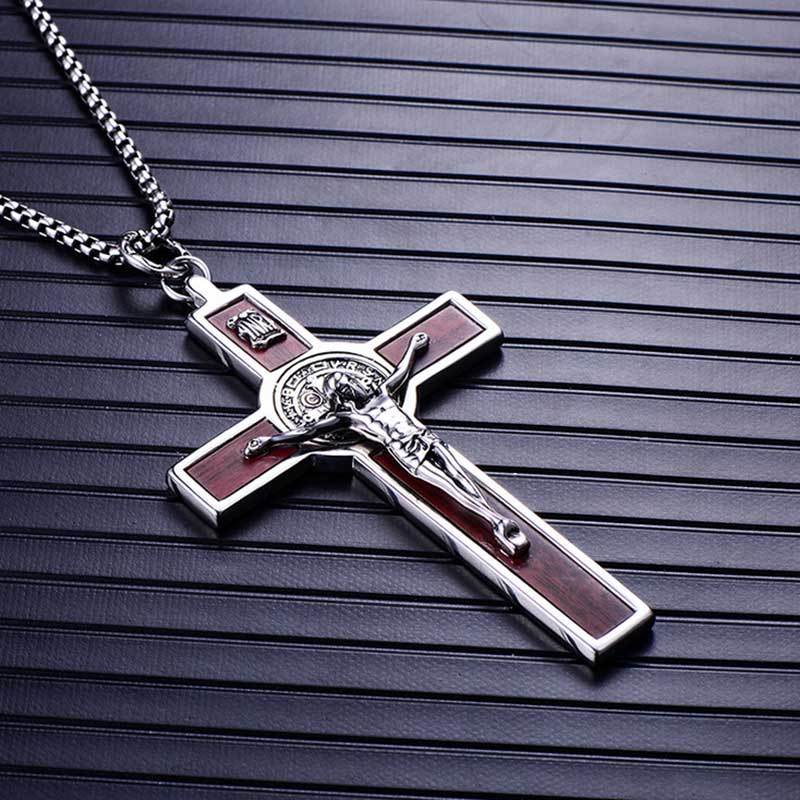 Men's 316L Stainless Steel Wood Cross Pendant Necklace-Necklaces-Innovato Design-Innovato Design