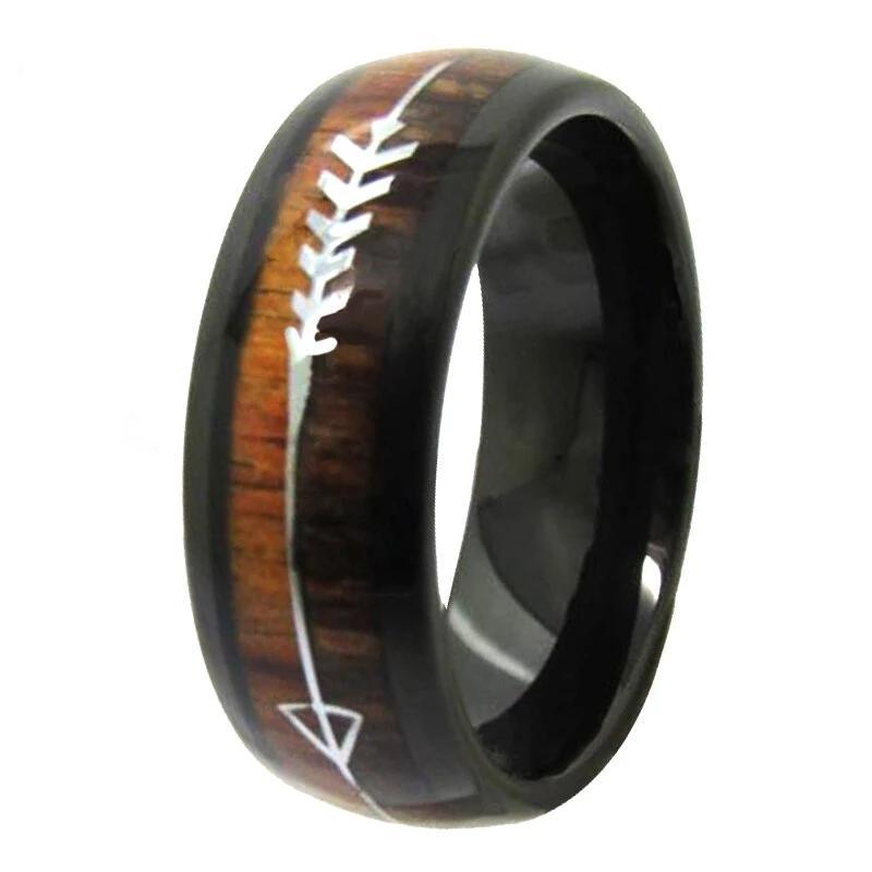 Black Tungsten Carbide in Two-Tone Koa Wood Inlay with Silver Arrow Wedding Band-Rings-Innovato Design-6-8mm-Innovato Design