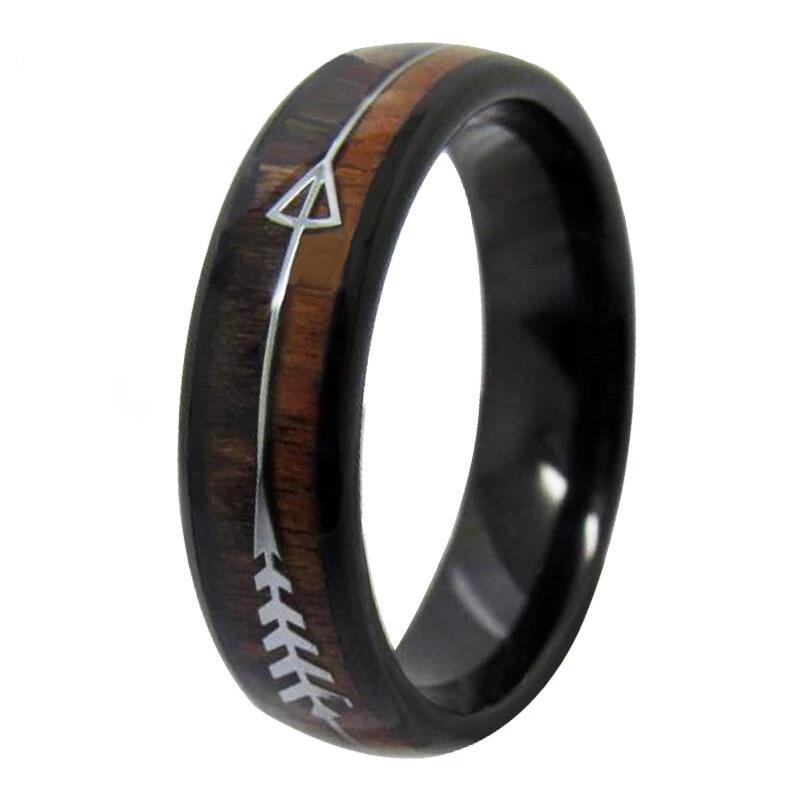Black Tungsten Carbide in Two-Tone Koa Wood Inlay with Silver Arrow Wedding Band-Rings-Innovato Design-6-6mm-Innovato Design