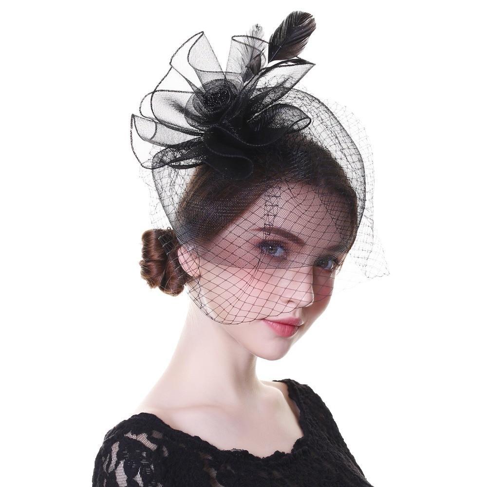 Black Beaded Flower Pillbox Fascinator Hat with Netted Veil and Feathers-Hats-Innovato Design-Innovato Design