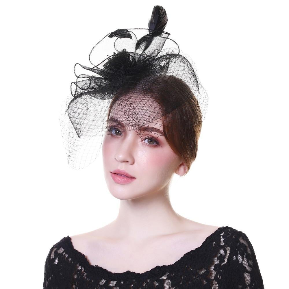 Black Beaded Flower Pillbox Fascinator Hat with Netted Veil and Feathers-Hats-Innovato Design-Innovato Design