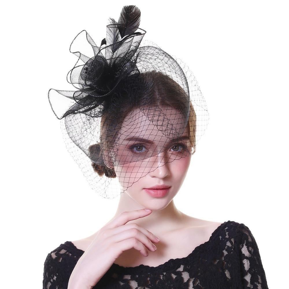 Black Beaded Flower Pillbox Fascinator Hat with Netted Veil and Feathers-Hats-Innovato Design-Innovato Design