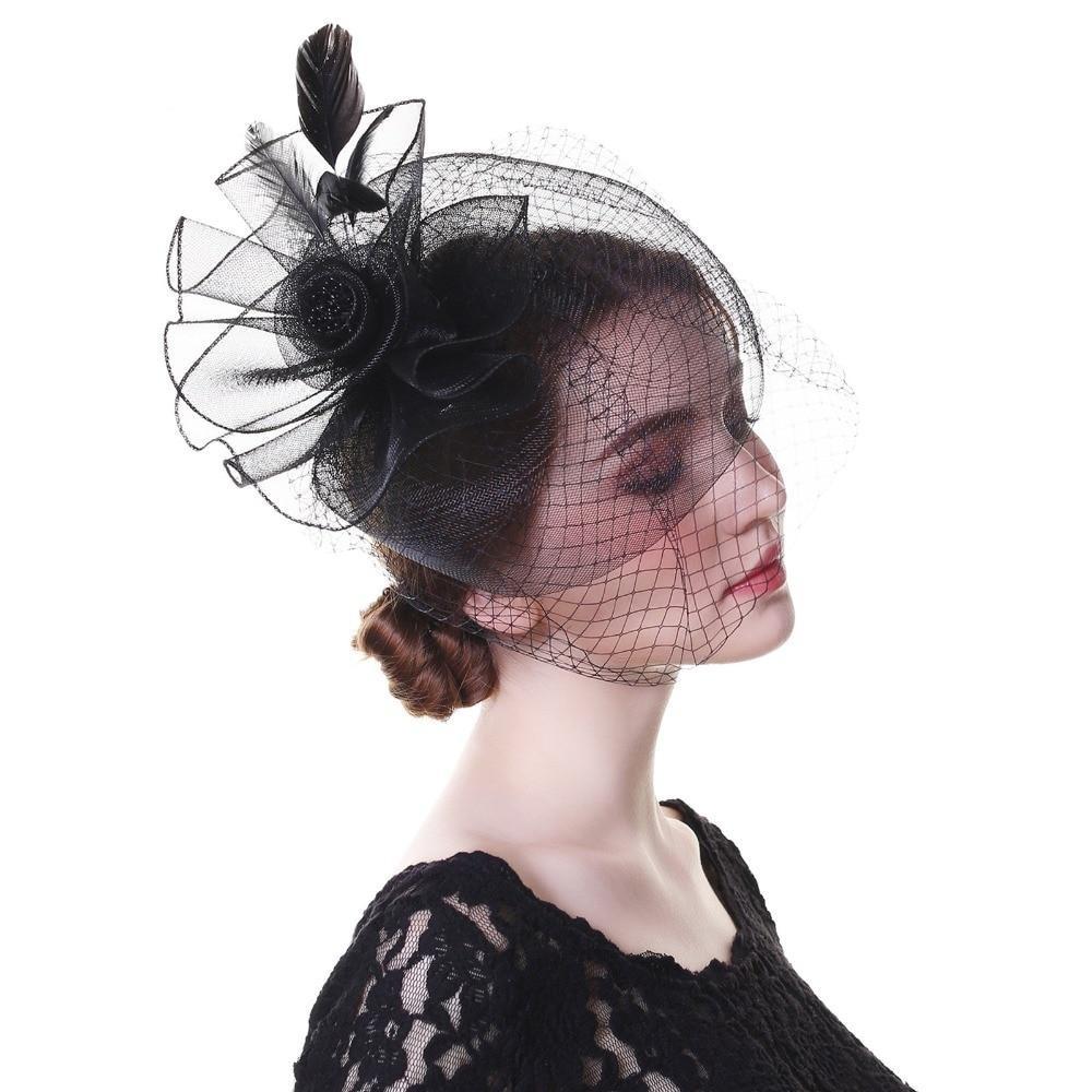 Black Beaded Flower Pillbox Fascinator Hat with Netted Veil and Feathers-Hats-Innovato Design-Innovato Design