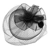 Black Beaded Flower Pillbox Fascinator Hat with Netted Veil and Feathers