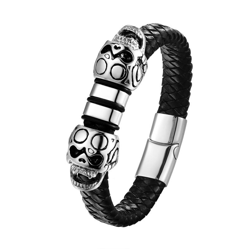 thumbnail image 2 of Men's Black Genuine Leather Skull Wristband Bracelet – Stainless Steel, Surfer Style 2 of 6