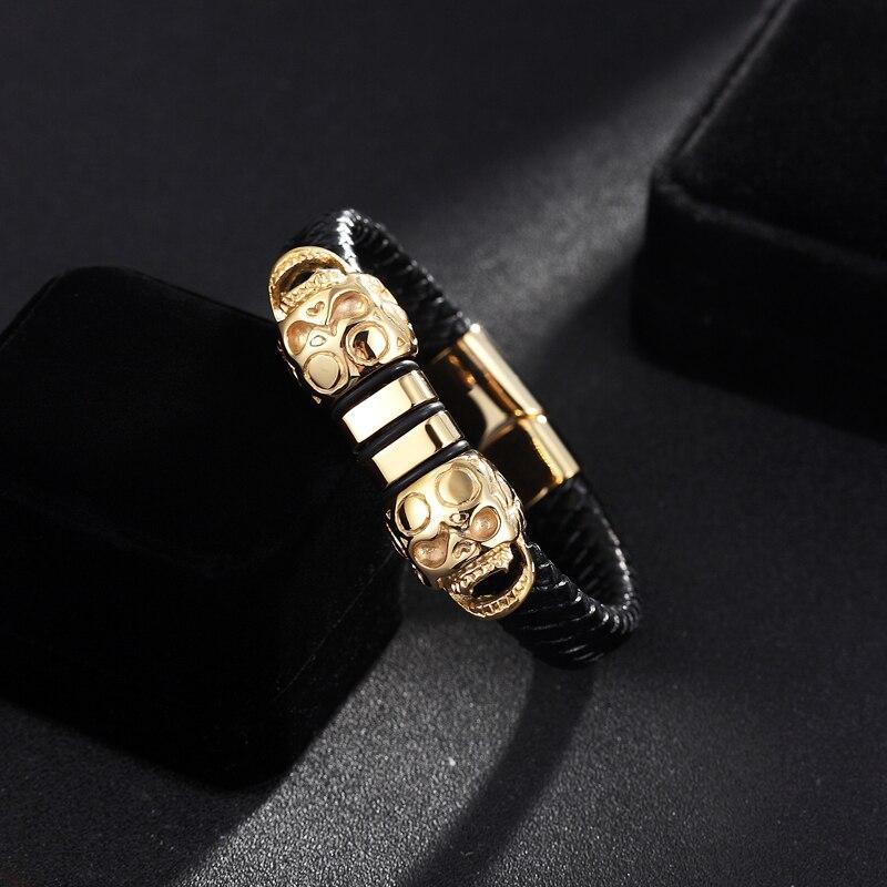 Black Braided Genuine Leather Devil's Skulls Bracelet-Skull Bracelet-Innovato Design-Silver-7.5-Innovato Design