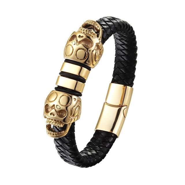 Black Braided Genuine Leather Devil's Skulls Bracelet-Skull Bracelet-Innovato Design-Gold-7.5-Innovato Design