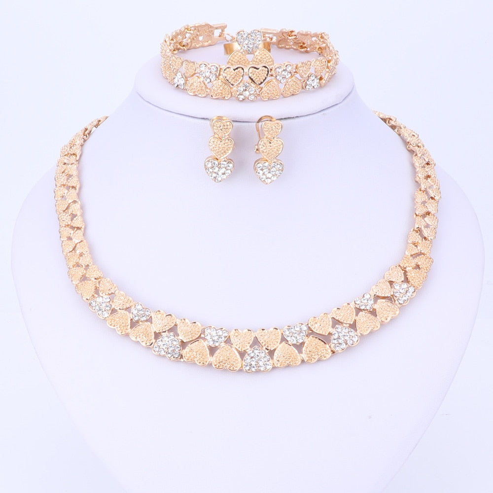 Gold/Silver Color Crystal Heart Necklace, Bracelet, Earrings & Ring Wedding Jewelry Set-Jewelry Sets-Innovato Design-Gold-Innovato Design