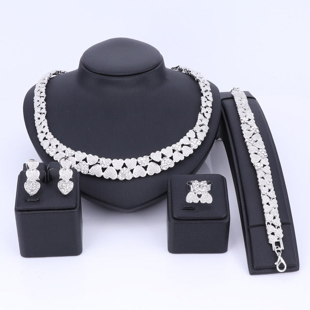 Gold/Silver Color Crystal Heart Necklace, Bracelet, Earrings & Ring Wedding Jewelry Set-Jewelry Sets-Innovato Design-Silver-Innovato Design
