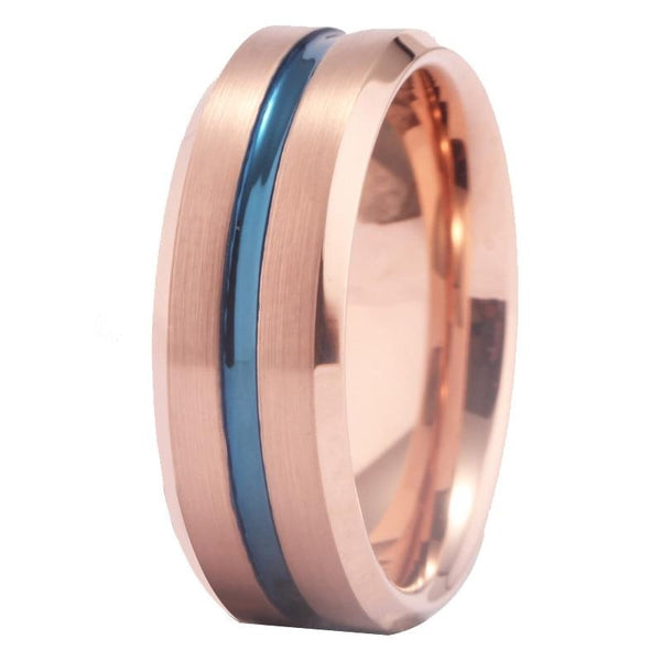 8mm Rose Gold Bevel with Blue Groove Tungsten Carbide Fashion Wedding Ring