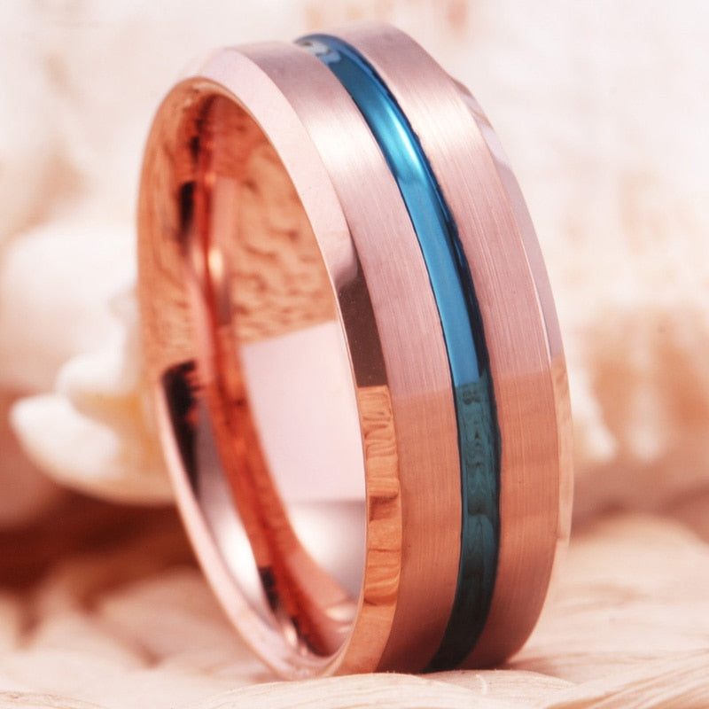 8mm Rose Gold Bevel with Blue Groove Tungsten Carbide Fashion Wedding Ring-Rings-Innovato Design-6-Innovato Design