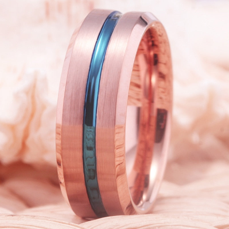 8mm Rose Gold Bevel with Blue Groove Tungsten Carbide Fashion Wedding Ring-Rings-Innovato Design-6-Innovato Design