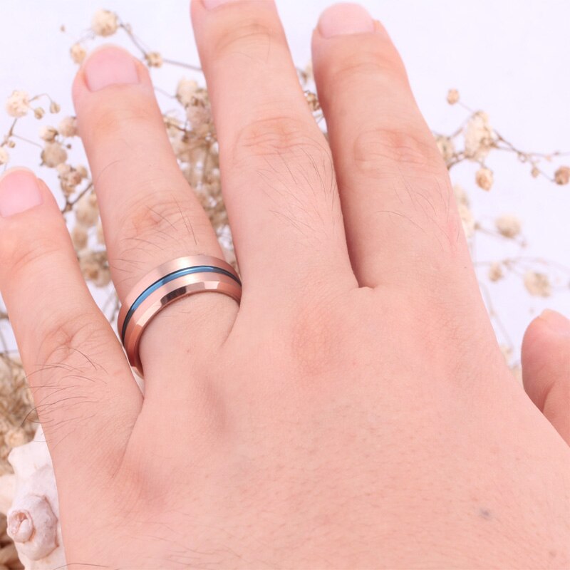8mm Rose Gold Bevel with Blue Groove Tungsten Carbide Fashion Wedding Ring-Rings-Innovato Design-6-Innovato Design