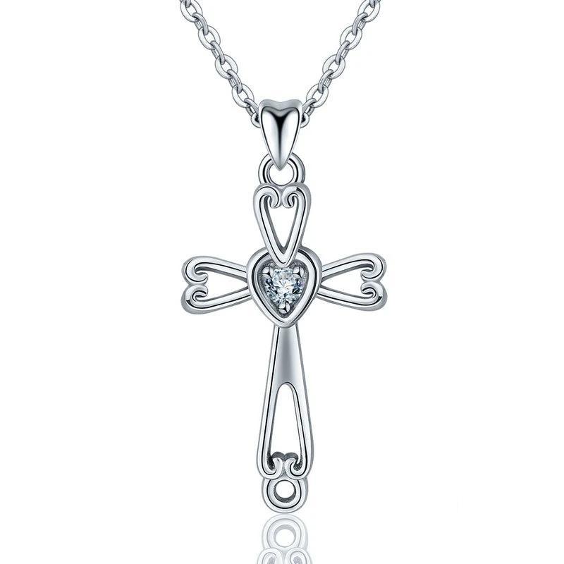 Sterling Silver Cross Pendant with Crystal Heart Necklace-Necklaces-Innovato Design-Innovato Design
