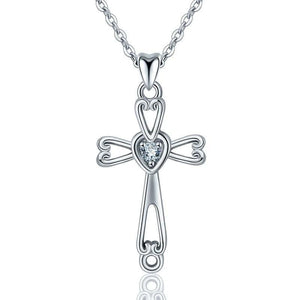 Sterling Silver Cross Pendant with Crystal Heart Necklace-Necklaces-Innovato Design-Innovato Design