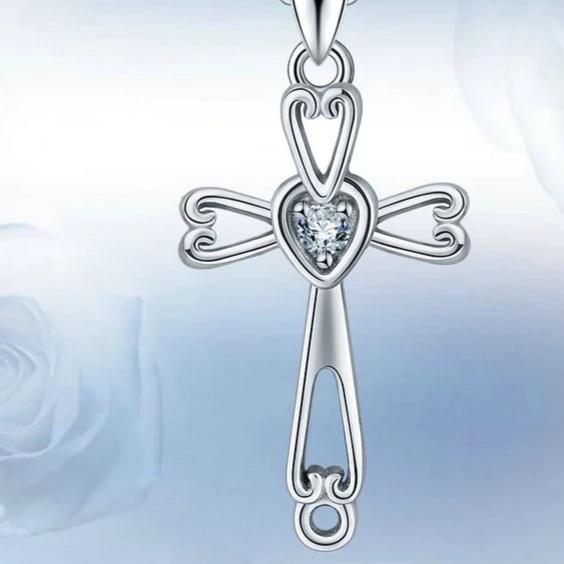 Sterling Silver Cross Pendant with Crystal Heart Necklace-Necklaces-Innovato Design-Innovato Design