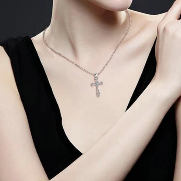 Sterling Silver Cross Pendant with Crystal Heart Necklace-Necklaces-Innovato Design-Innovato Design