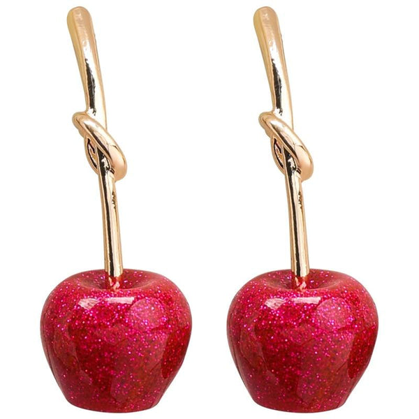Gold & Red Round Dangle Cherry Earrings