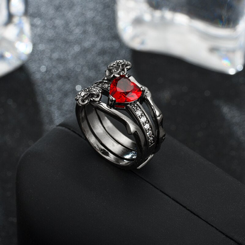 Red Crystal and Black Rose Flower Wedding Ring-Rings-Innovato Design-5-Innovato Design