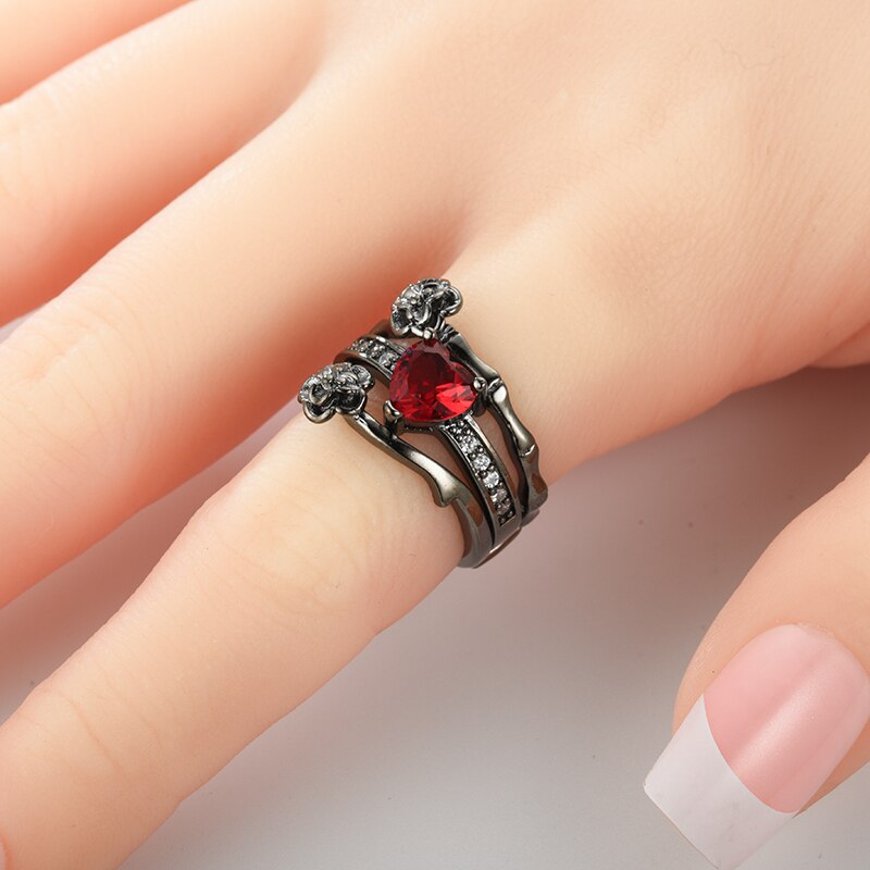 Red Crystal and Black Rose Flower Wedding Ring-Rings-Innovato Design-5-Innovato Design