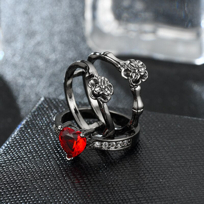 Red Crystal and Black Rose Flower Wedding Ring-Rings-Innovato Design-5-Innovato Design