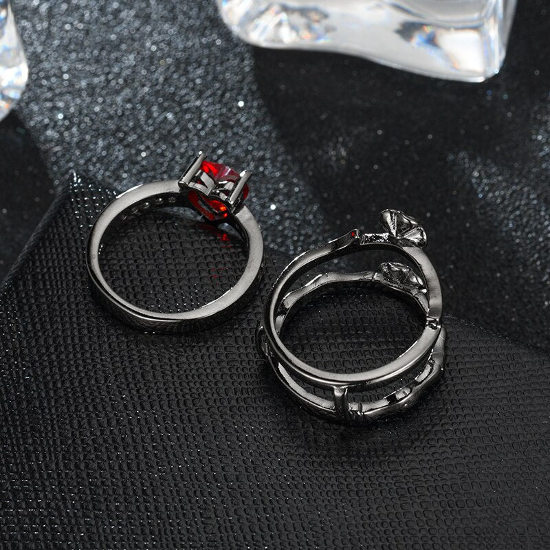 Red Crystal and Black Rose Flower Wedding Ring-Rings-Innovato Design-5-Innovato Design