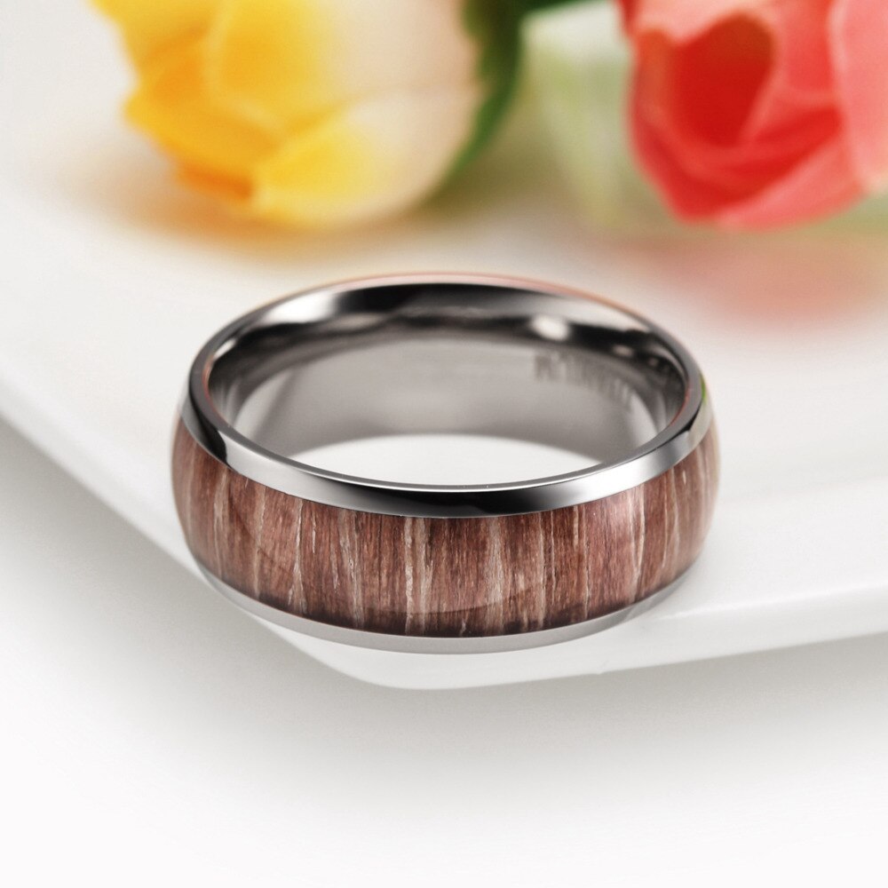 8mm Mahogany Wood Inlay Domed with Polished Edges Titanium Fashion Wedding Band-Rings-Innovato Design-7-Innovato Design