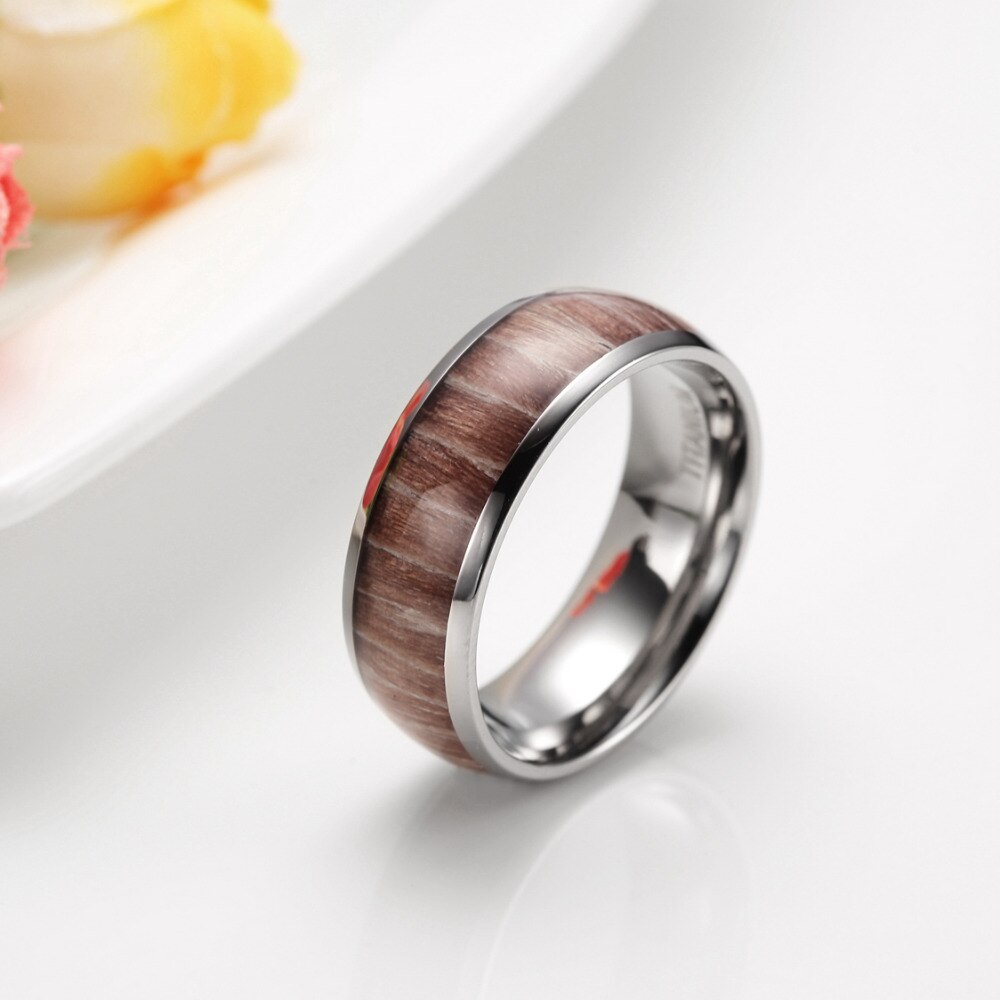 8mm Mahogany Wood Inlay Domed with Polished Edges Titanium Fashion Wedding Band-Rings-Innovato Design-7-Innovato Design