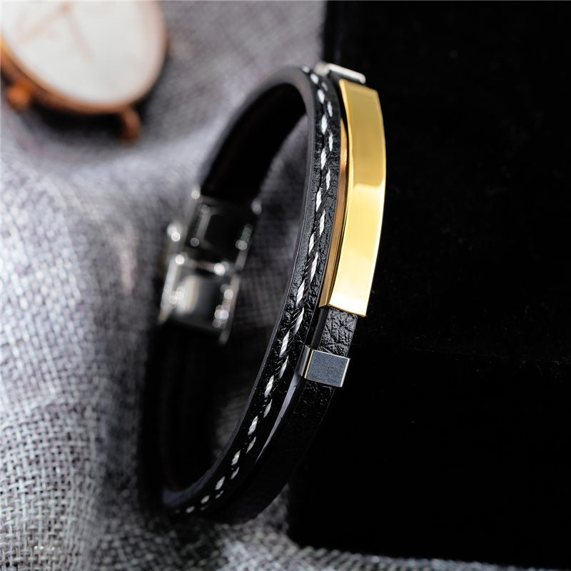 Custom Engrave Cowhide Leather and Stainless Steel Fashion Bracelet-Bracelets-Innovato Design-Black-Innovato Design