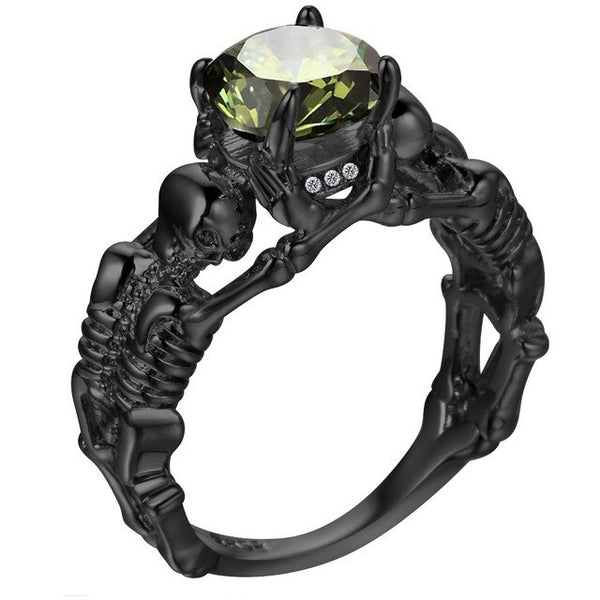Skull, Bone, Skeleton and Cubic Zirconia Punk Biker Engagement Ring-Rings-Innovato Design-11-Black Green-Innovato Design