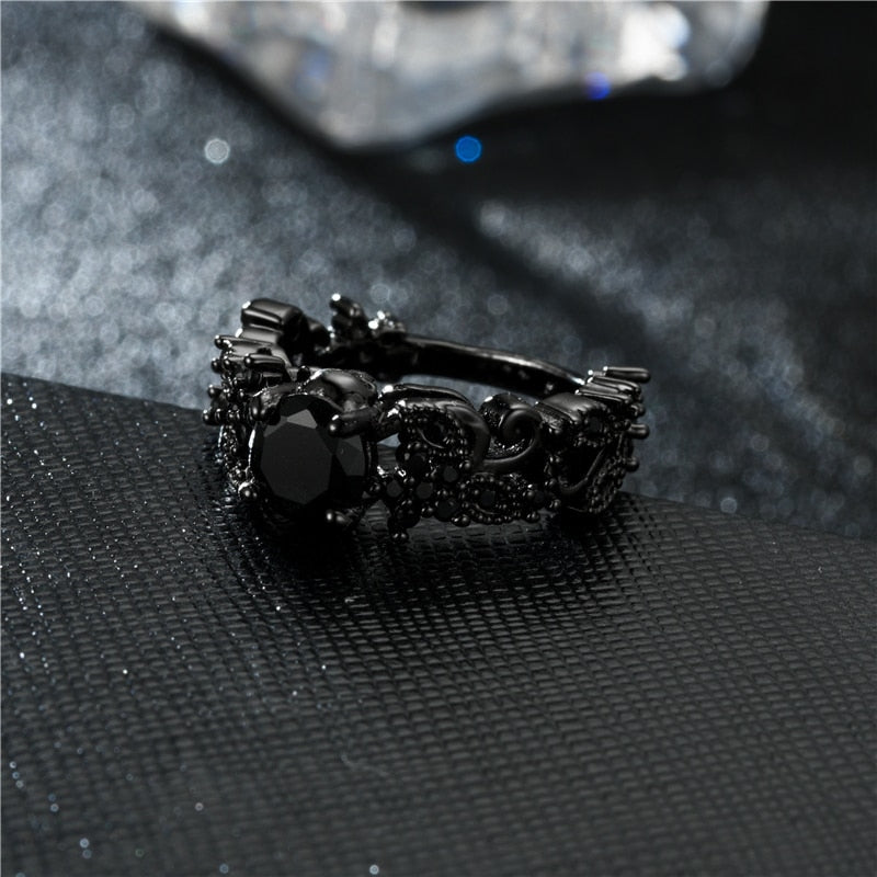 Skull Black Cubic Zirconia and Crystal Halloween, Engagement & Wedding Ring-Rings-Innovato Design-5-Innovato Design