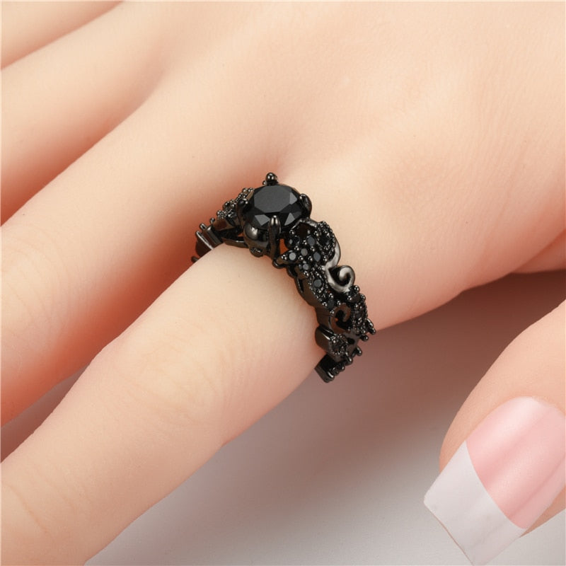 Skull Black Cubic Zirconia and Crystal Halloween, Engagement & Wedding Ring-Rings-Innovato Design-5-Innovato Design