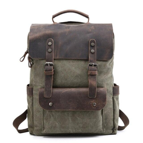 Canvas Leather School 20 to 35 Liter Backpack-Canvas and Leather Backpack-Innovato Design-Army Green-Innovato Design